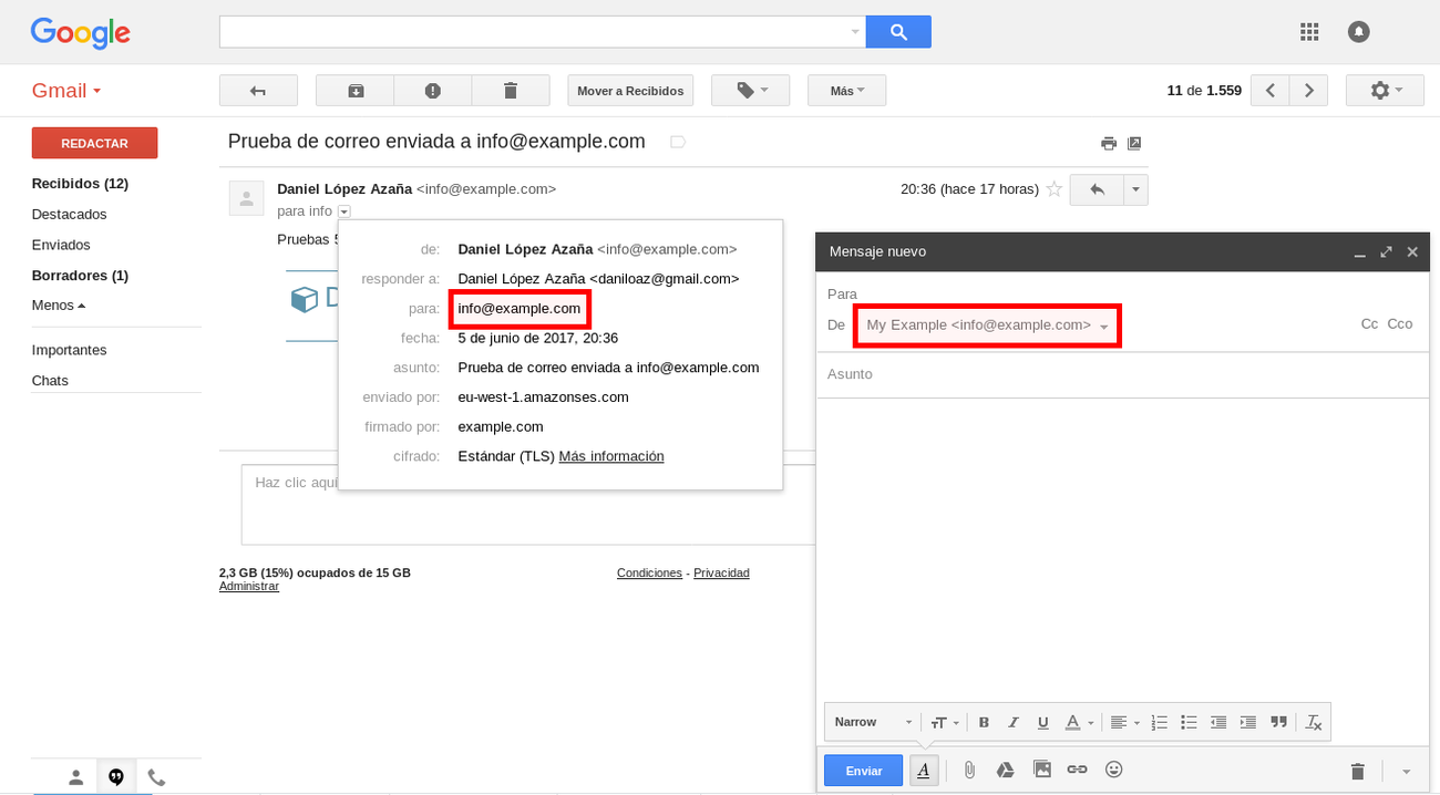Cuenta de GMail configurada para recibir y enviar correo de nuestro dominio