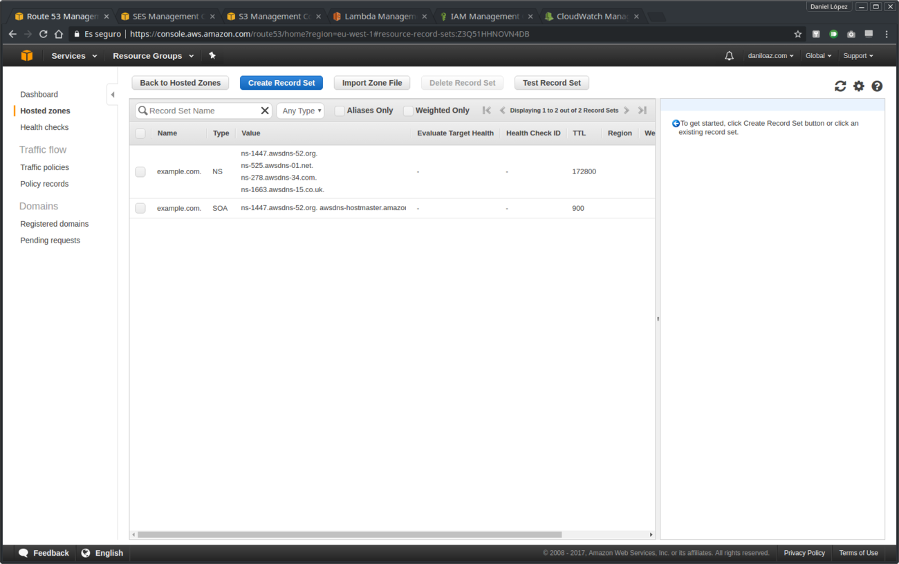 Zona DNS pública básica recién creada en Amazon Route 53