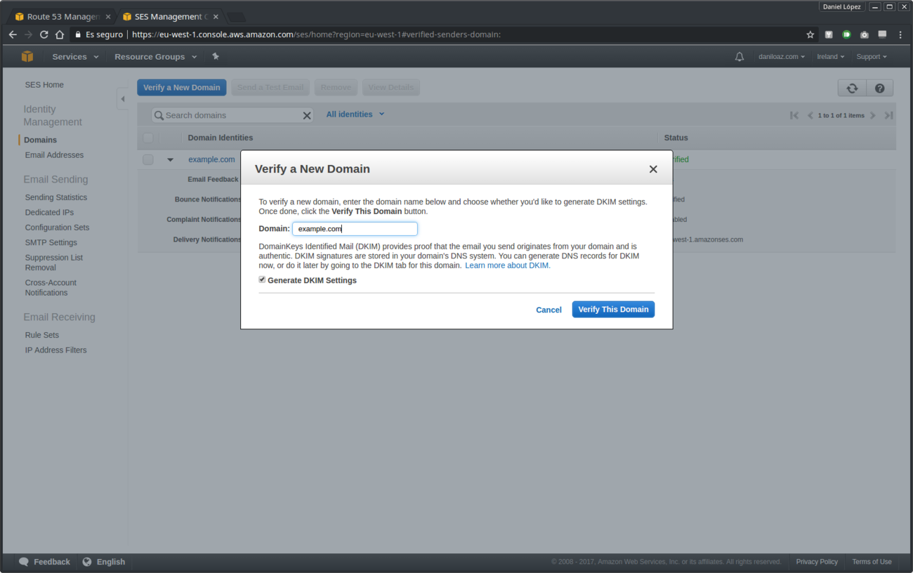 Domain verification in Amazon SES