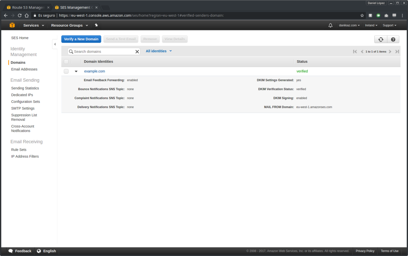 Resultado verificación de dominio en Amazon SES