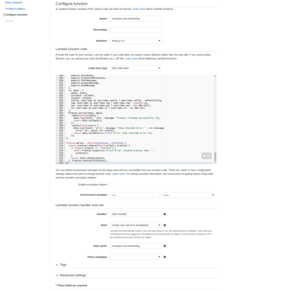 Configuración función Lambda para reenvío de correo