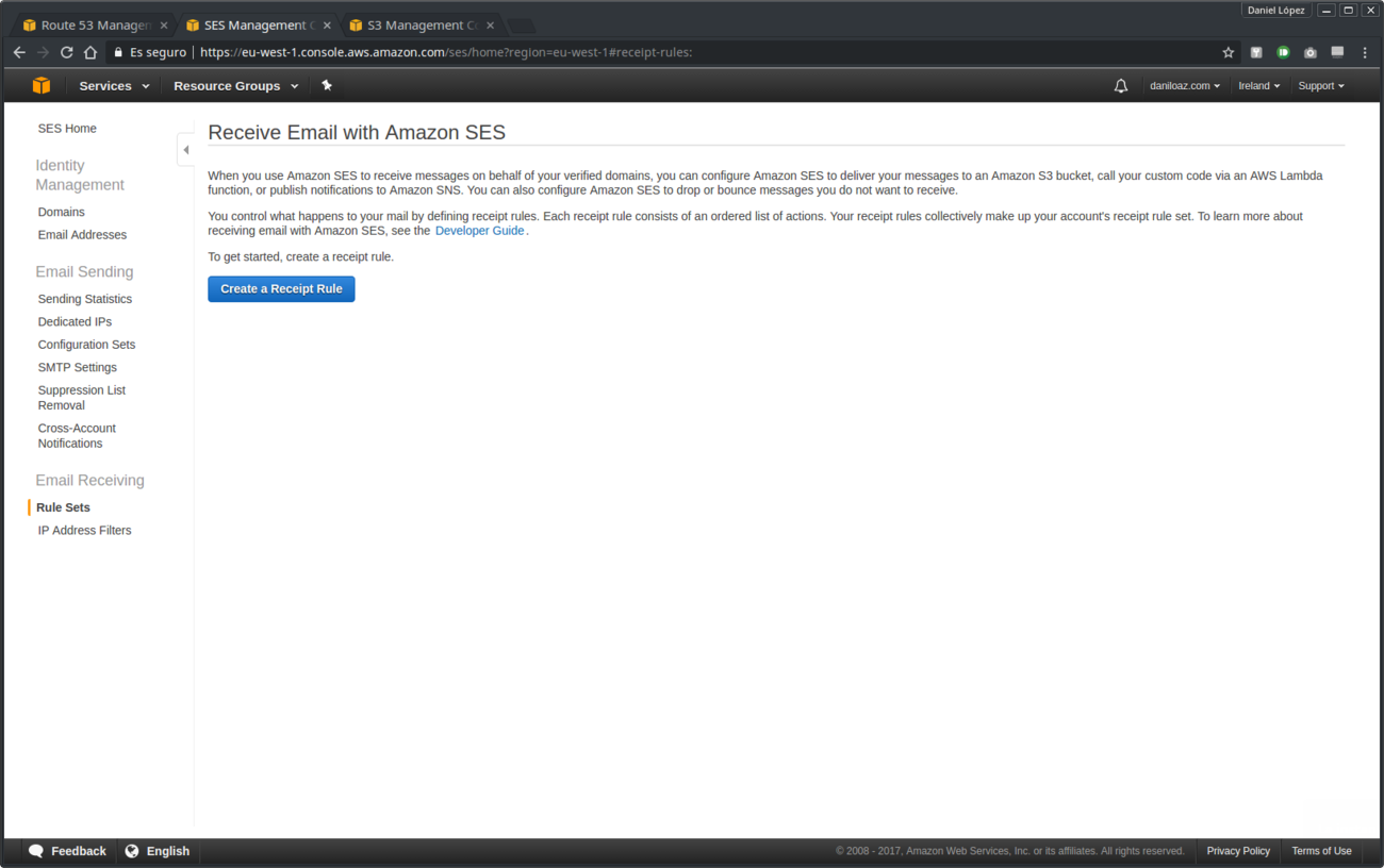 Creación de regla de recepción en Amazon SES - paso 0