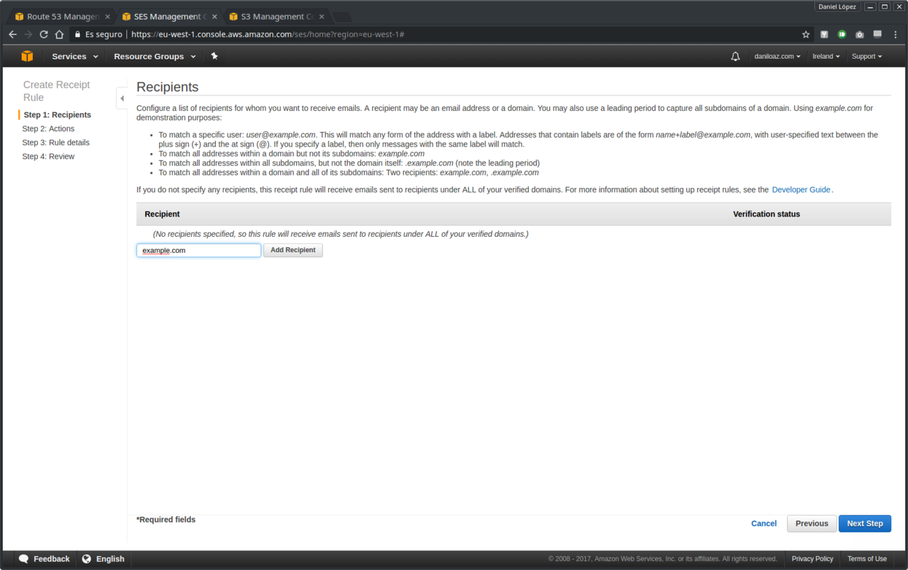 Recipient creation for Amazon SES receipt rule