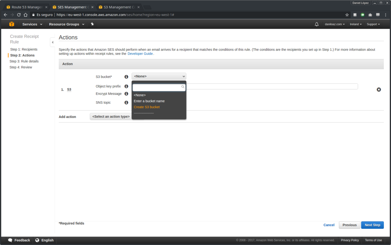 Creación de acciones de regla de recepción Amazon SES