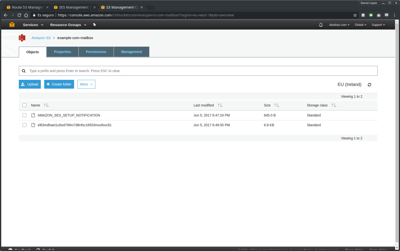 Listado de mensajes de correo electrónico almacenados en S3