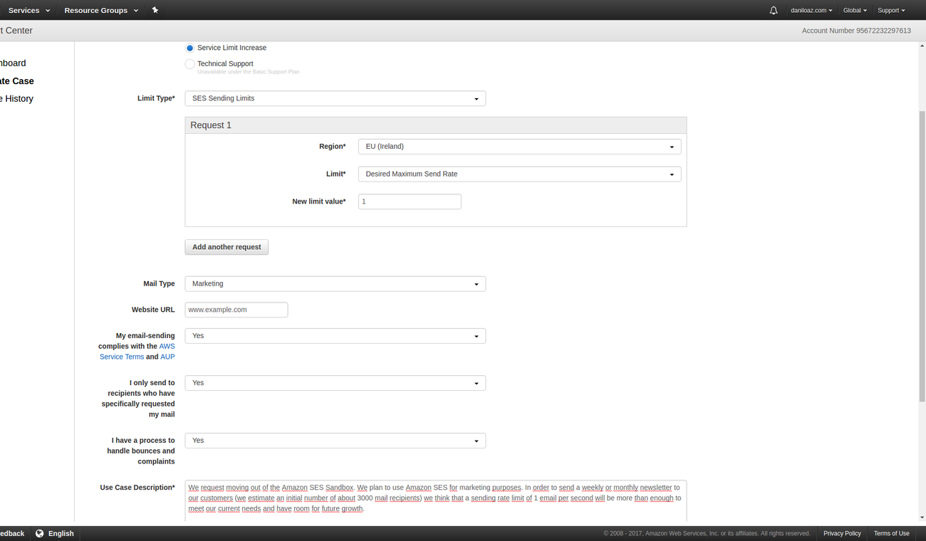 Example of Amazon support ticket to request moving out of sandbox and sending limit increase