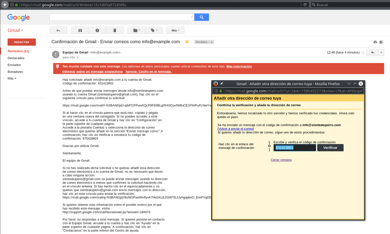 Código de verificación nueva dirección