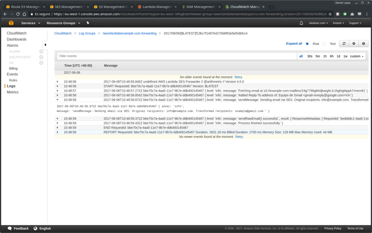 CloudWatch debugging and log messages