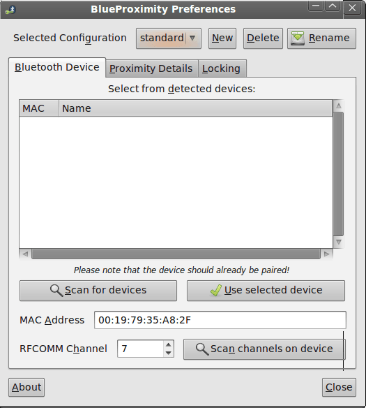 Preferencias de BlueProximity: emparejamiento de dispositivo