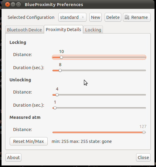 Preferencias de BlueProximity: detalles de proximidad