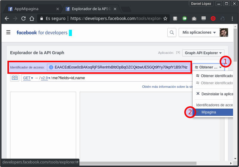 Explorador de la API Graph Facebook para desarrolladores