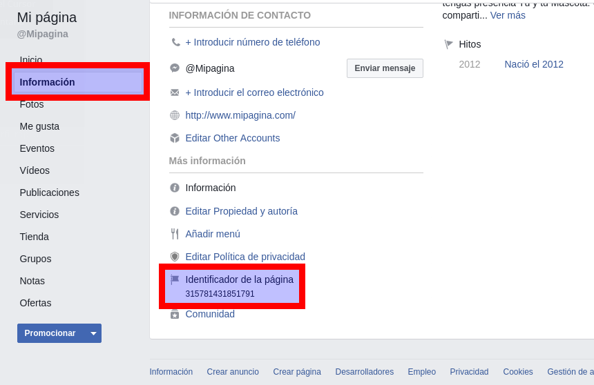 Método de obtención del identificador de una página de Facebook - Paso 2