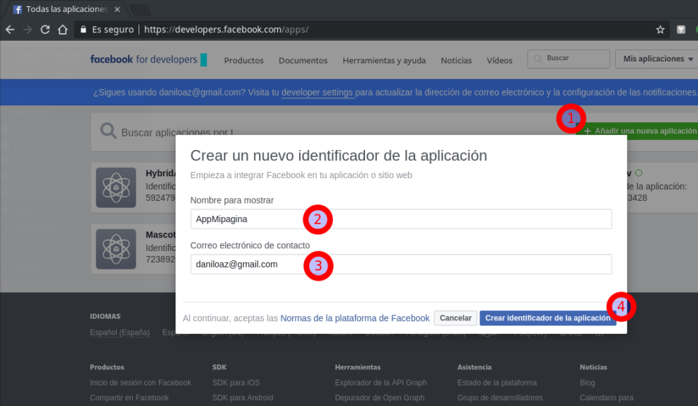 Pasos para la creación de una nueva FB App