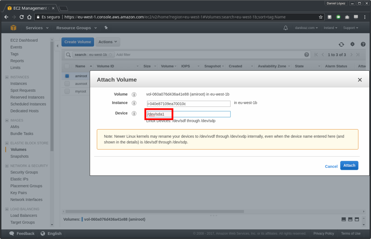 Very important: attach volume as root volume (/dev/sda1)