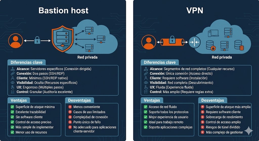 Comparación de ventajas y desventajas entre bastion host y VPN