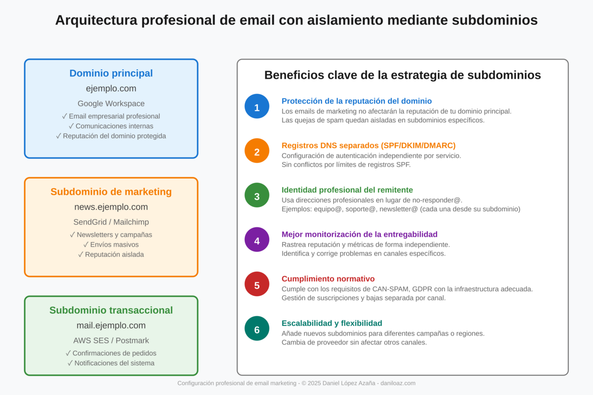 Arquitectura profesional de email con aislamiento mediante subdominios