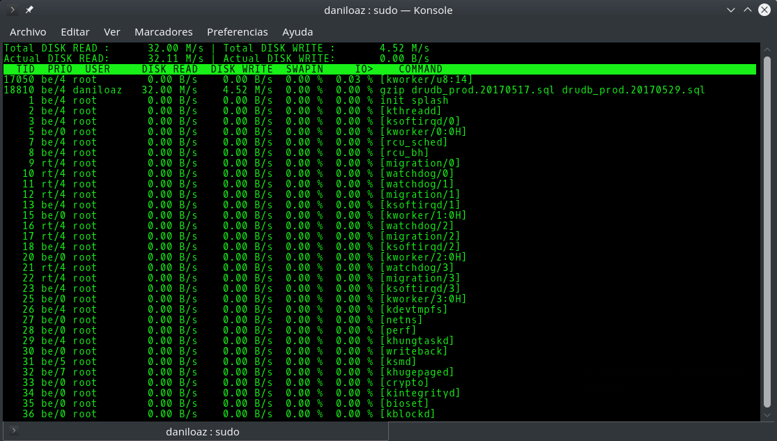 Salida del comando iotop