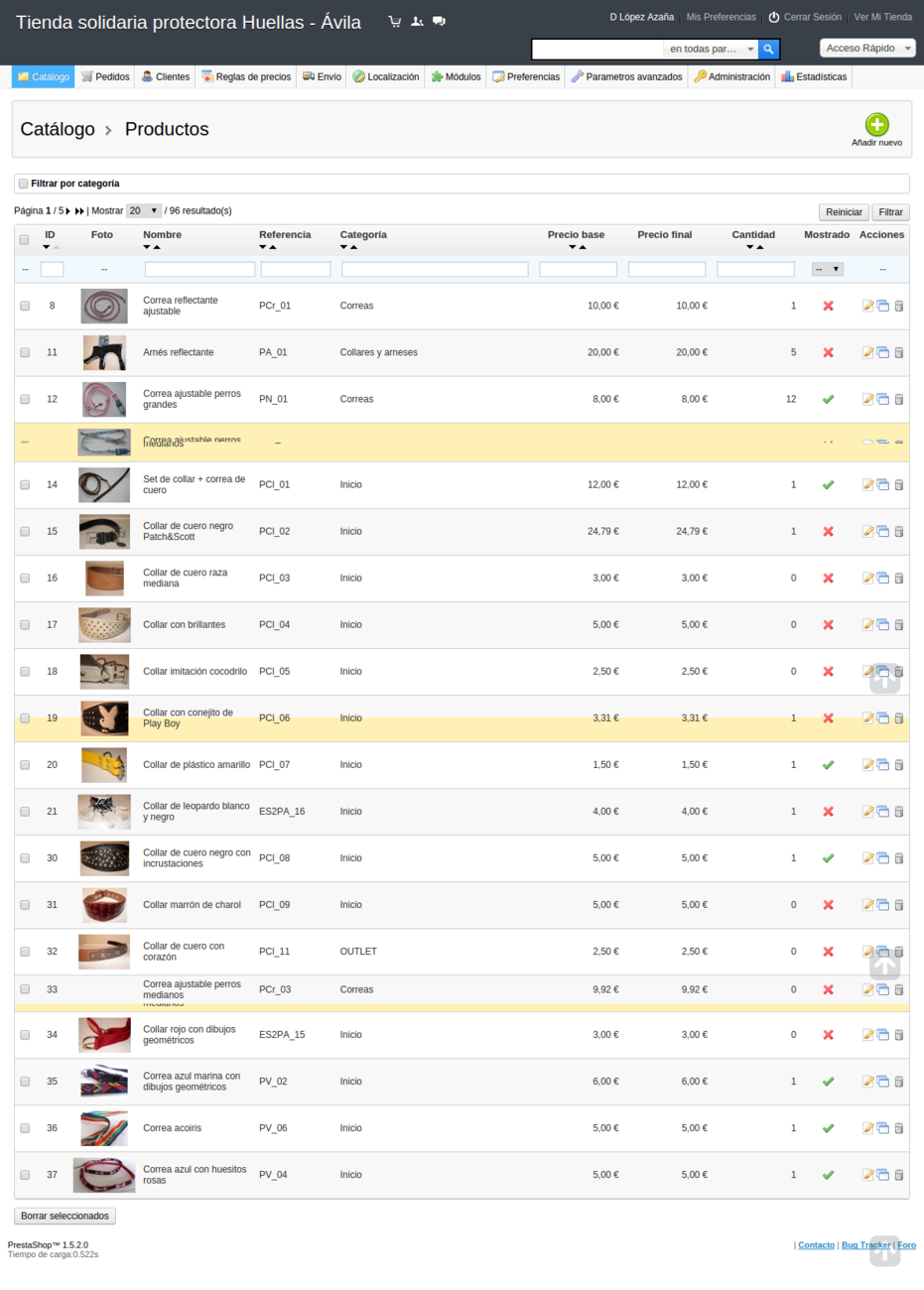 Interfaz de gestión de catálogo de productos de administración