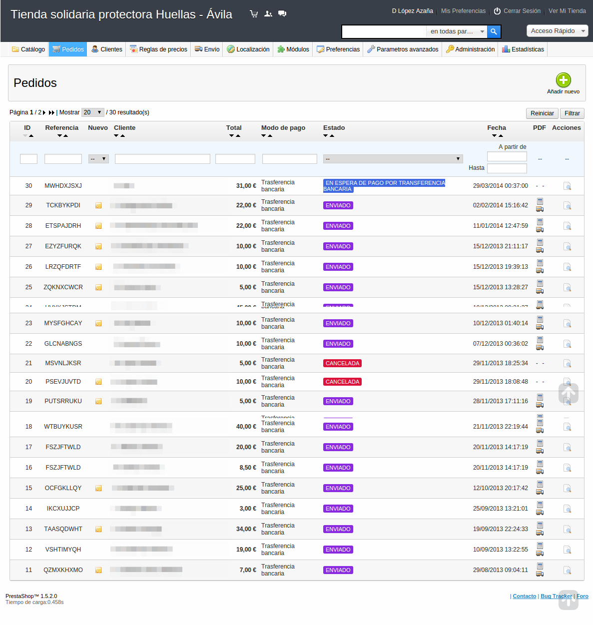 Lista de pedidos de administración con seguimiento de estado