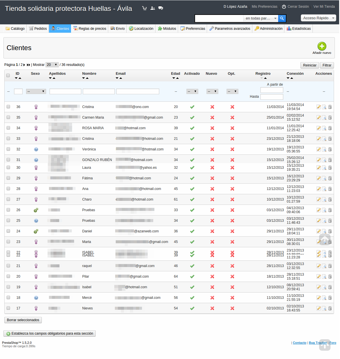 Lista y gestión de clientes de administración