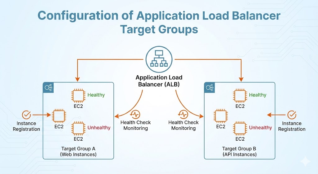 Configuración de target groups de Application Load Balancer con monitorización de health checks y registro de instancias
