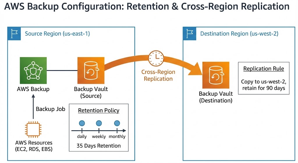 Configuración de AWS Backup mostrando políticas de retención y replicación cross-region