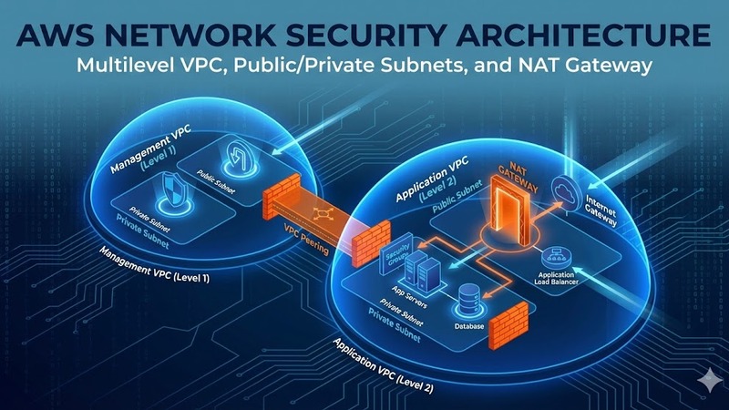 Arquitectura de seguridad de red AWS con VPC multinivel, subredes públicas y privadas, NAT Gateway y protección perimetral