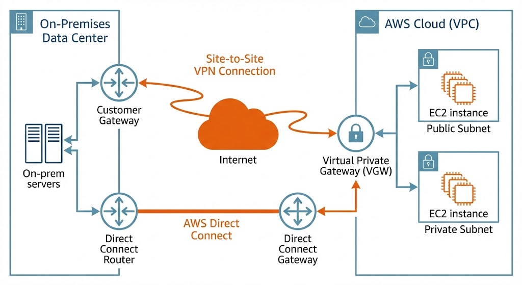Configuración de conectividad híbrida mostrando Site-to-Site VPN y Direct Connect