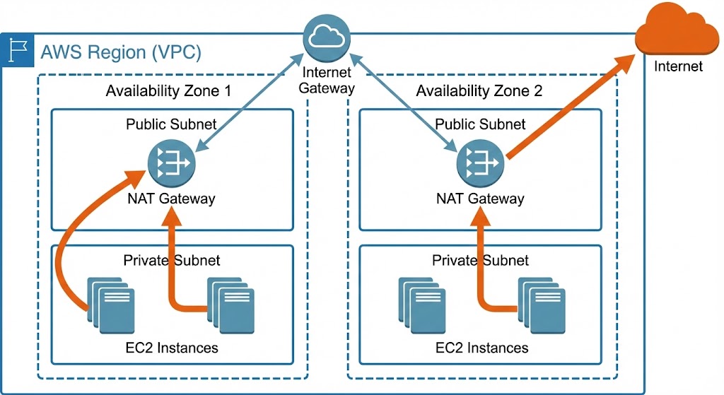 NAT Gateway en arquitectura multi-AZ mostrando flujo de tráfico saliente desde subredes privadas
