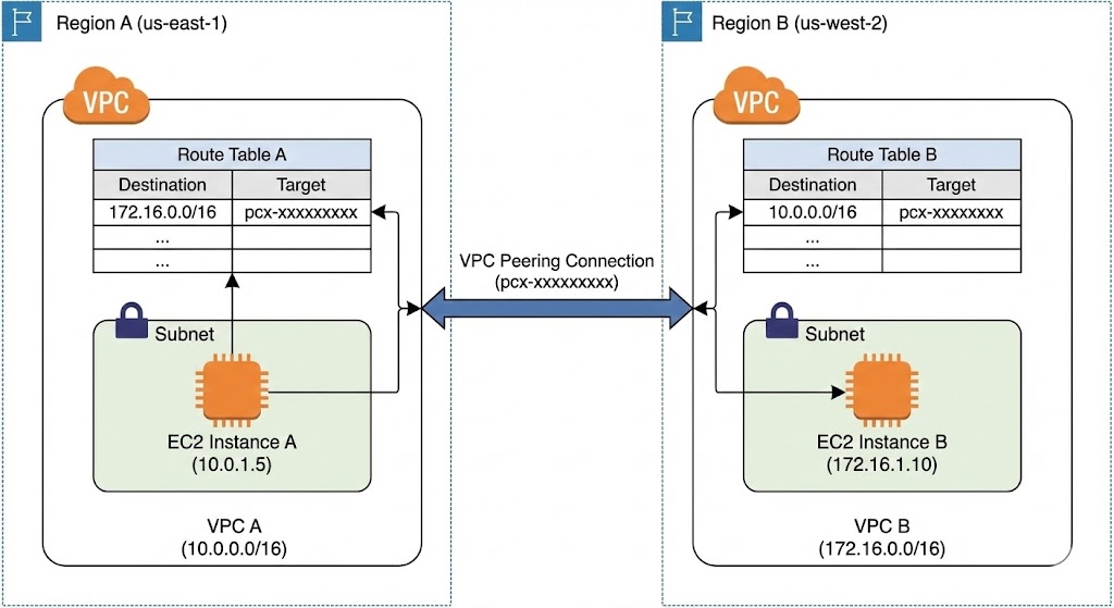 Configuración de VPC Peering entre regiones mostrando tablas de enrutamiento y flujo de tráfico