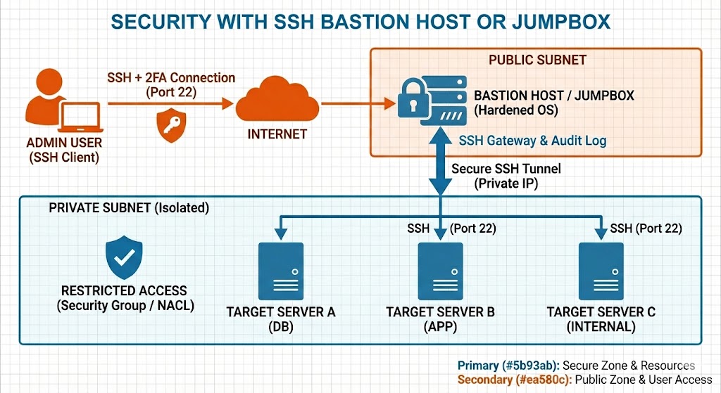 Arquitectura de seguridad AWS con bastion host, 2FA y auditoría de accesos