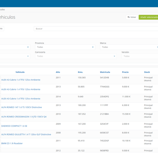 Interfaz de gestión de inventario de vehículos con filtrado y búsqueda