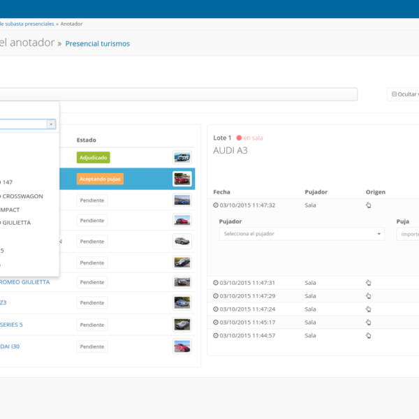 Interfaz del anotador para seguimiento y documentación de actividad de subasta