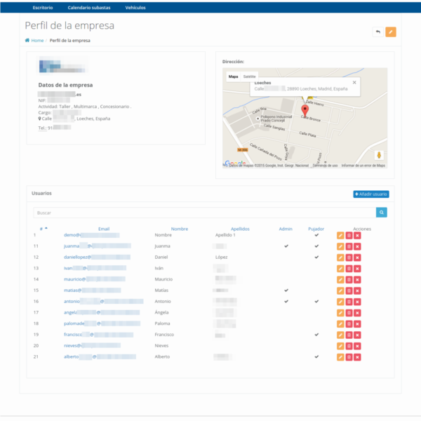 Dashboard de cuenta de usuario con historial de pujas