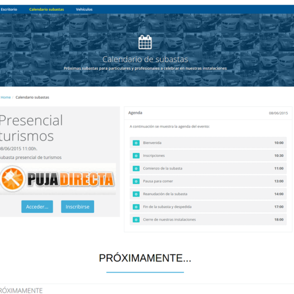 Calendario de subastas con eventos próximos