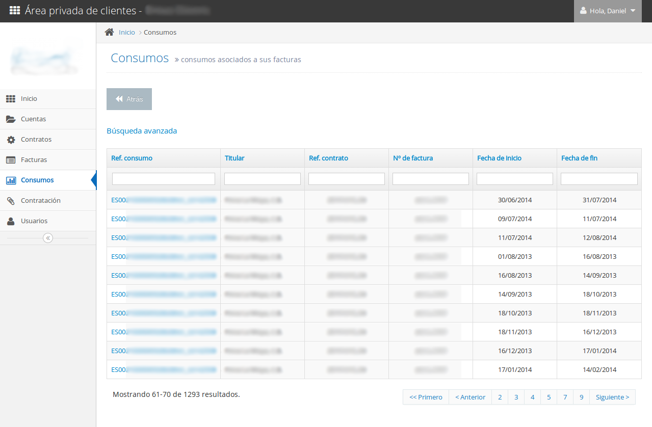 Listado de consumo de electricidad por período