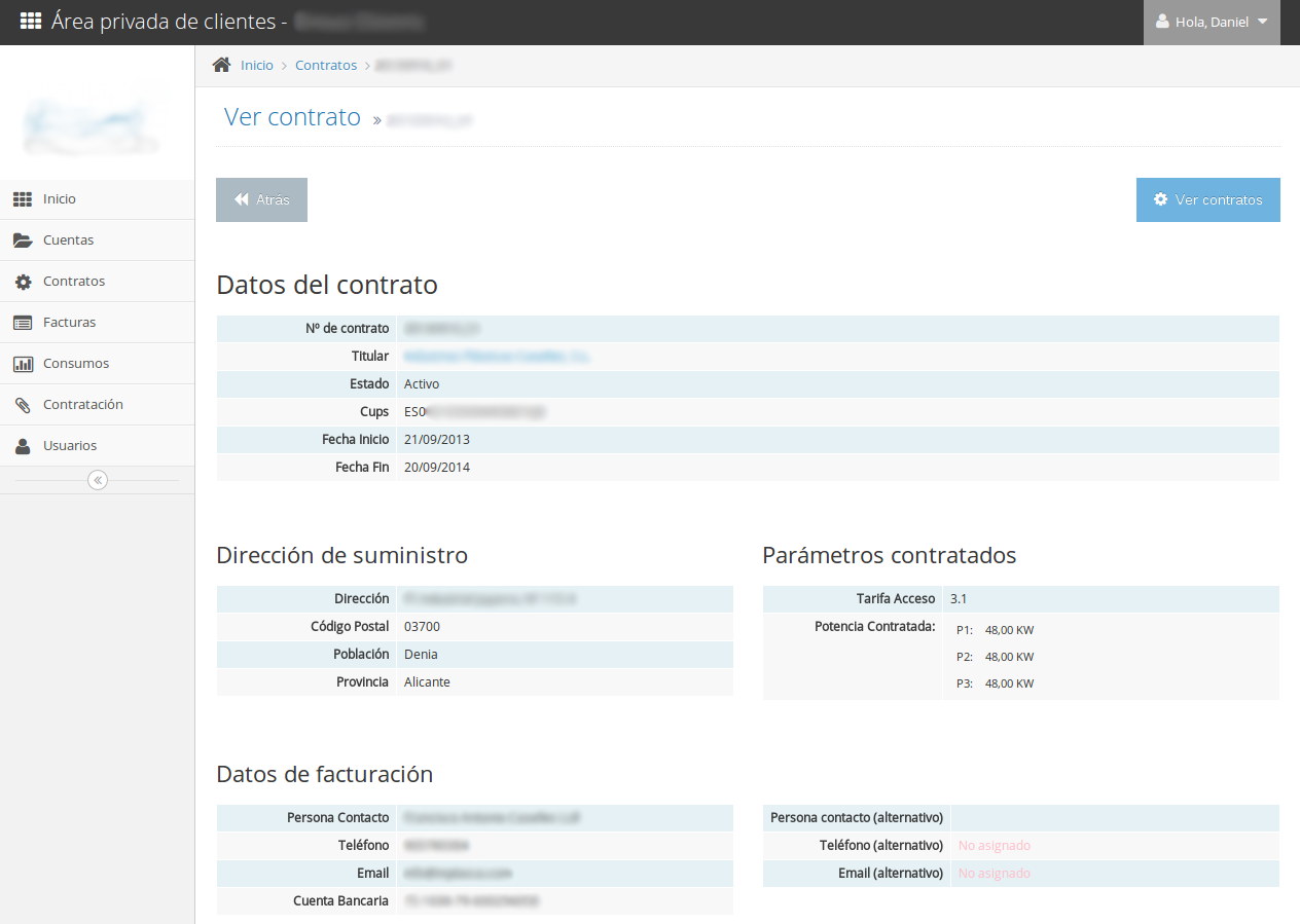 Vista de detalle de contrato de cliente de ejemplo