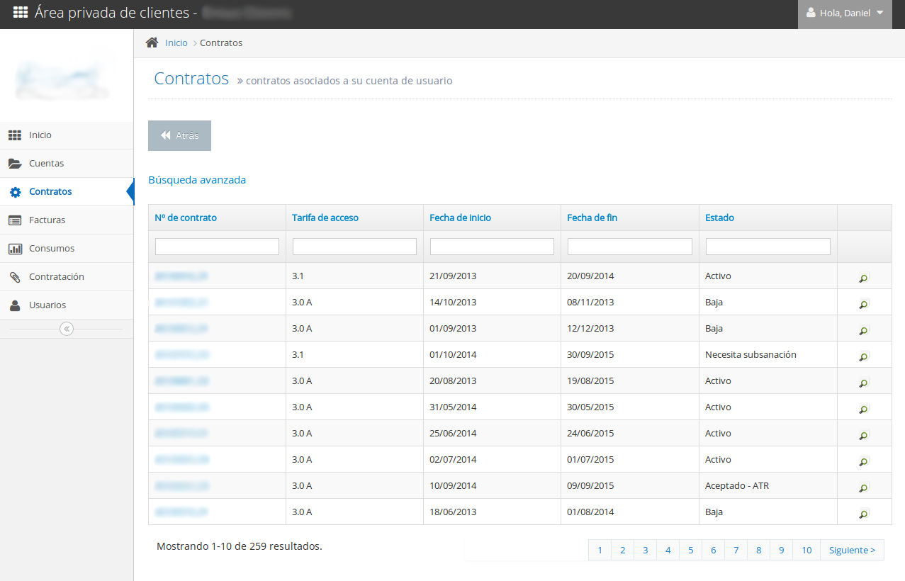 Vista de lista de contratos de clientes