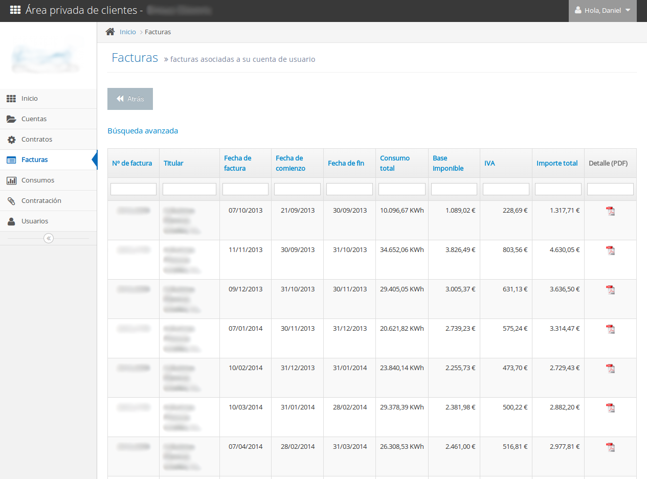 Vista de facturas de clientes
