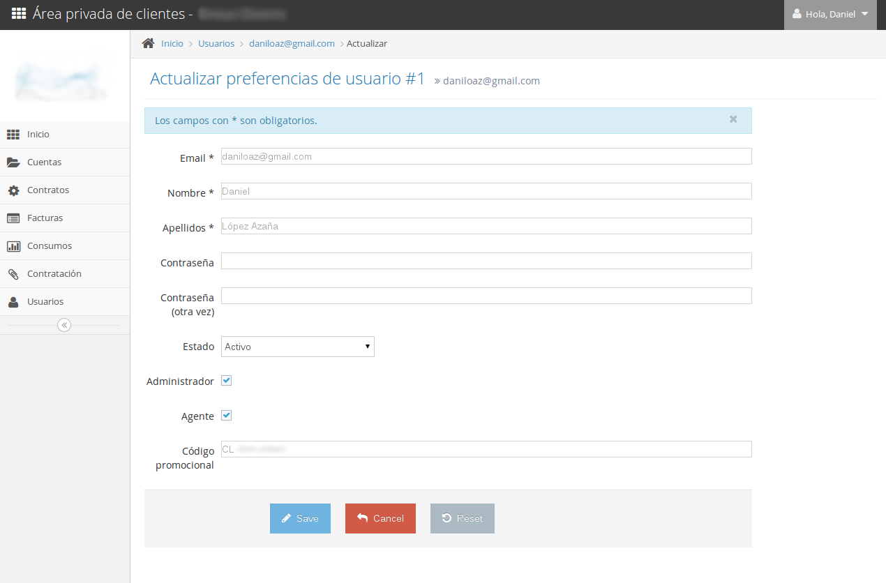 Preferencias de usuario y modificación de datos de perfil