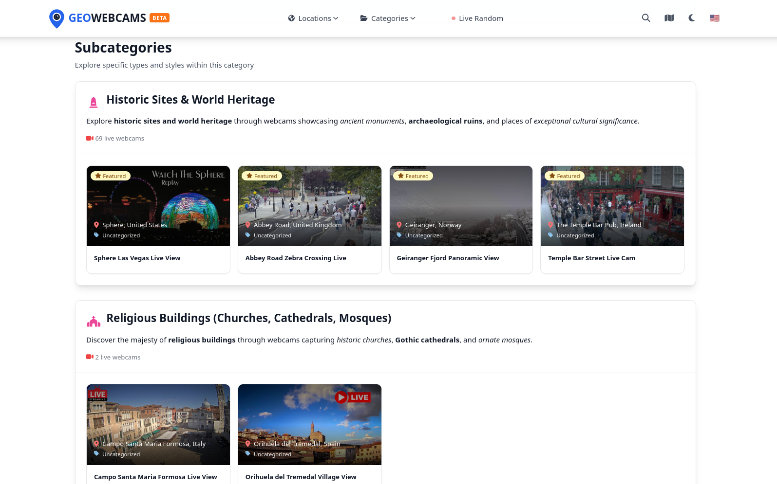Hierarchical category organization showing Historic Sites and Religious Buildings