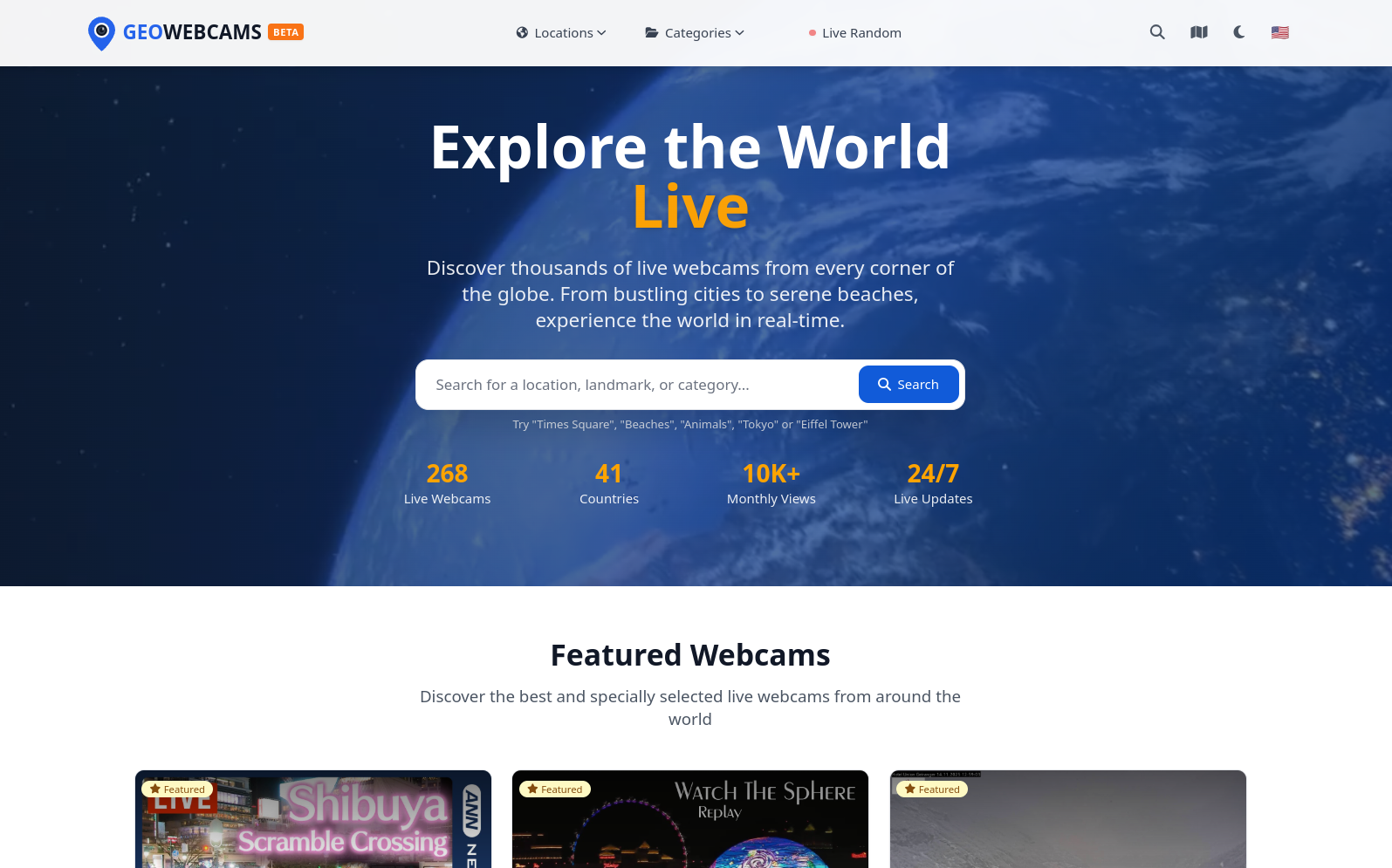 GeoWebcams platform showing live webcams from around the world