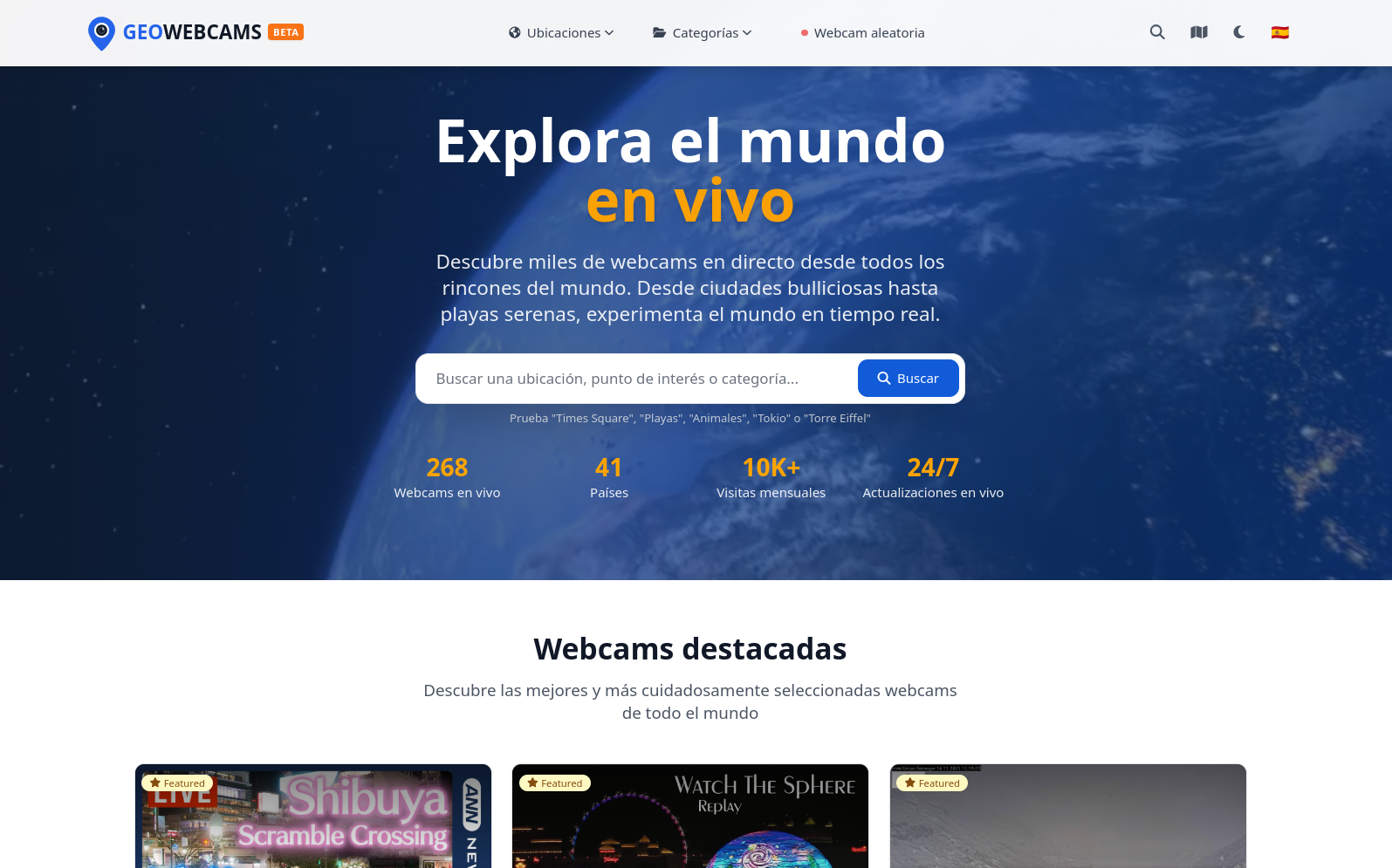 Plataforma GeoWebcams mostrando webcams en vivo de todo el mundo