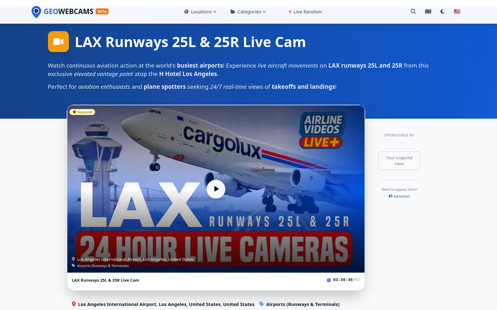 Webcam detail page showing LAX Runways live stream