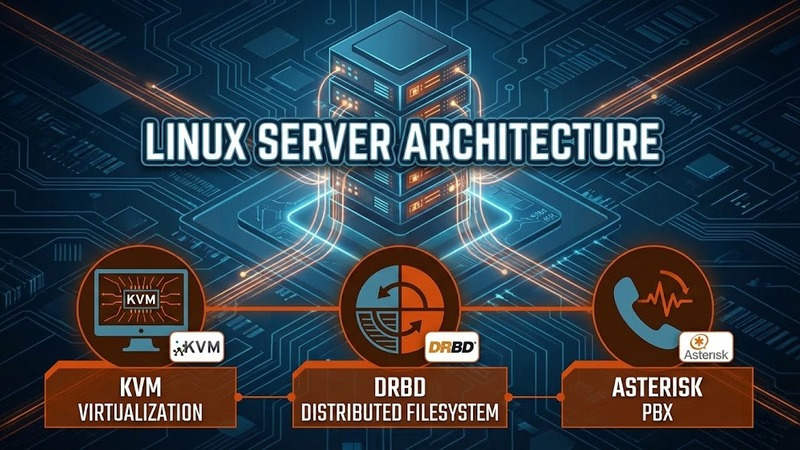 Linux server architecture with KVM virtualization and DRBD distributed filesystem