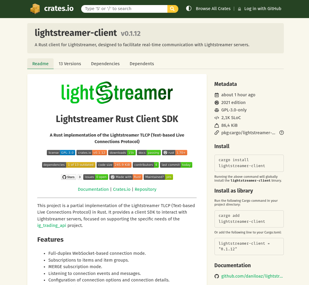 Lightstreamer client package on crates.io
