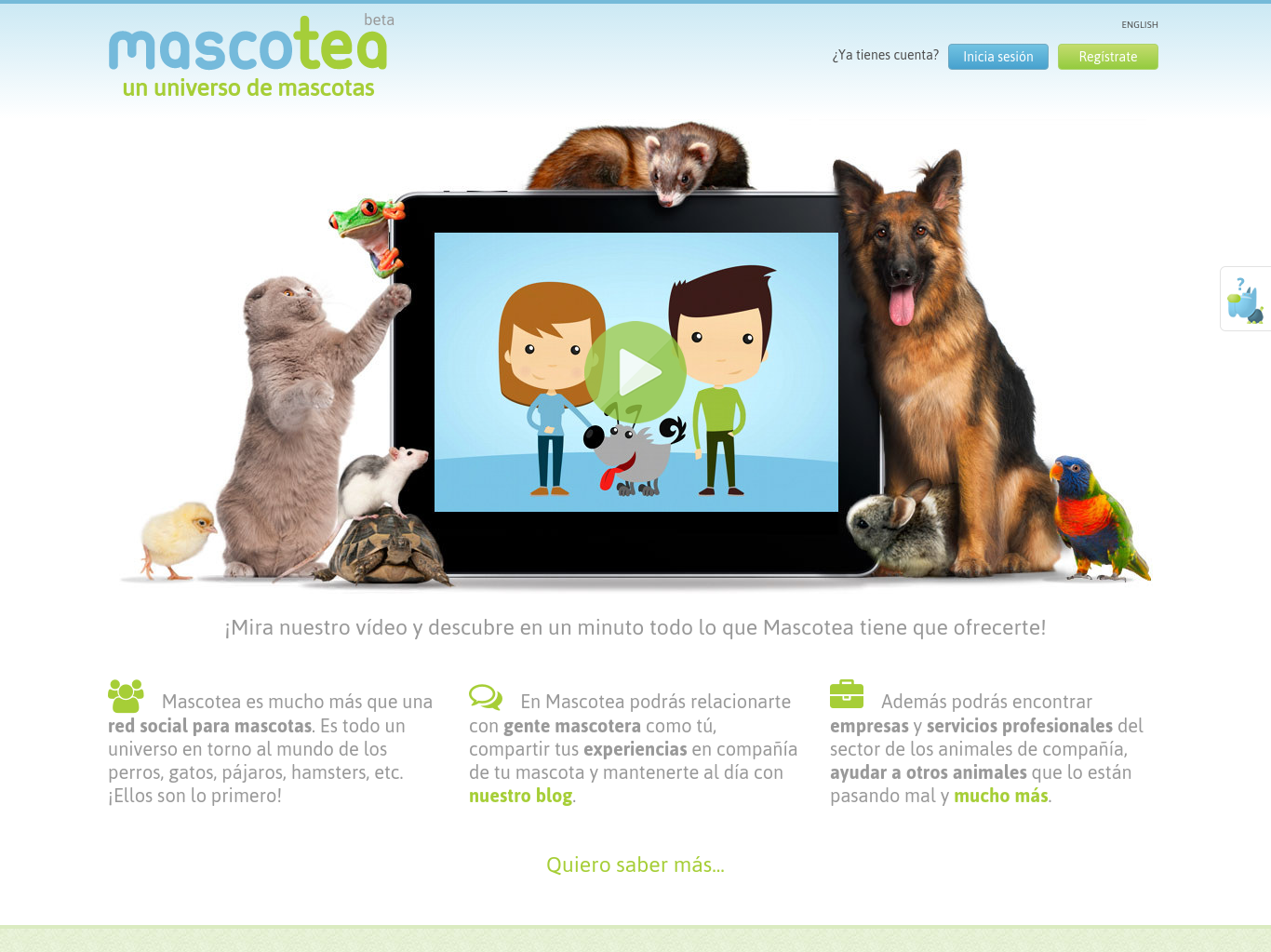 Página de inicio de Mascotea mostrando la red social para mascotas