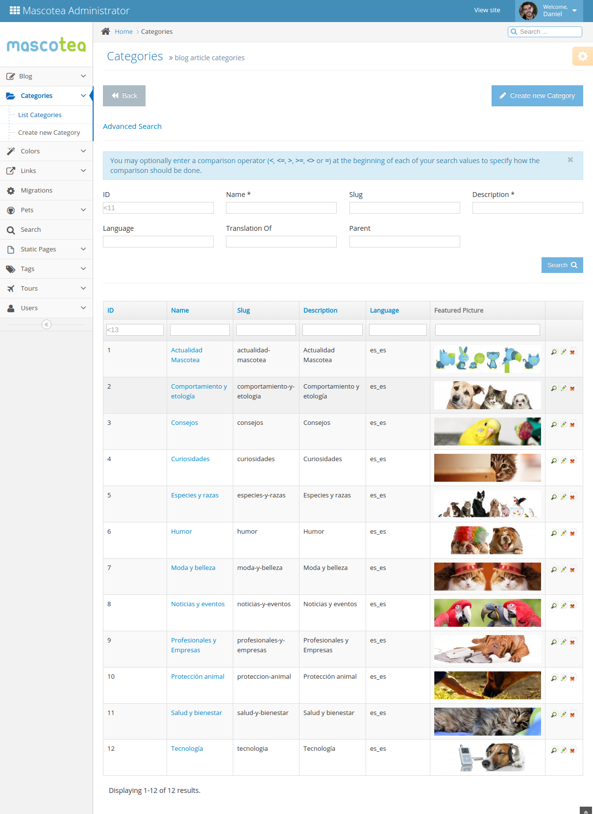 Gestión de categorías