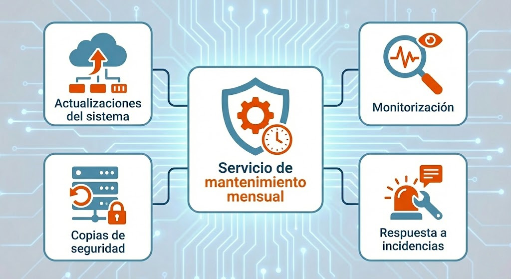 Servicio de mantenimiento mensual cubriendo actualizaciones del sistema, monitorización, backups y respuesta a incidencias