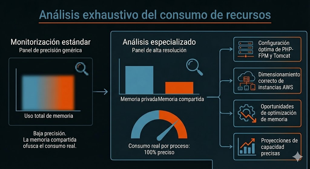 Análisis de consumo de memoria Apache, PHP-FPM y Tomcat con desglose detallado